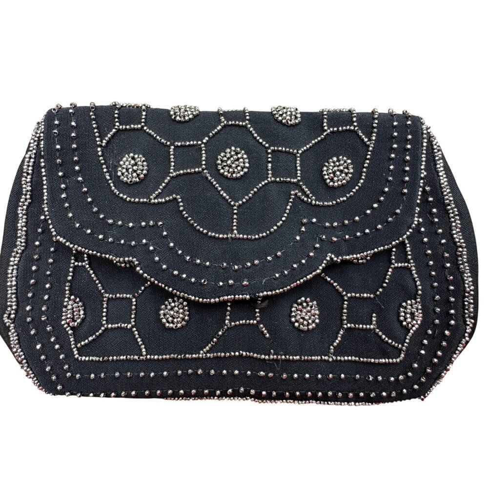 Vintage art deco beaded Black Silver flapper style clutch belt bag handmade 20s